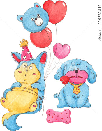 A blue dog sits with a sagging belly wearing a party hat with balloons tied to it. Another dog holds a heart-shaped toy in his mouth., hand-drawn watercolor painting illustration 119782856