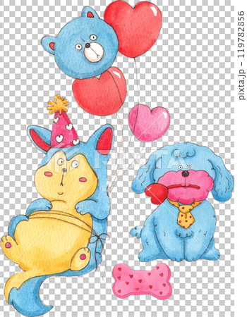 A blue dog sits with a sagging belly wearing a party hat with balloons tied to it. Another dog holds a heart-shaped toy in his mouth., hand-drawn watercolor painting illustration 119782856