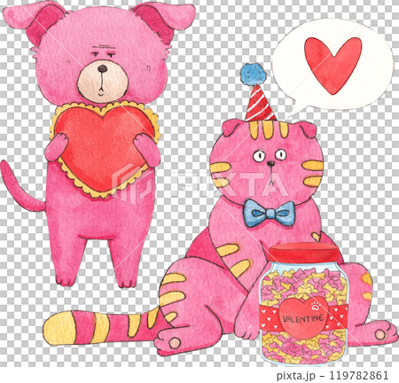 A pink dog is hugging a heart-shaped pillow, and a pink dog wearing a party hat is hugging a jar of dog food., hand-drawn watercolor painting illustration 119782861