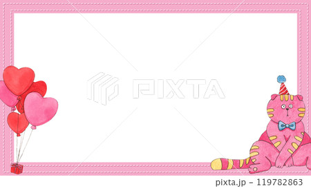 A fat pink cat with yellow stripes, wearing a party hat and lots of heart-shaped balloons.., hand-drawn watercolor frame design 119782863