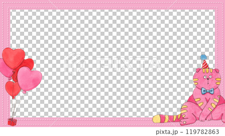 A fat pink cat with yellow stripes, wearing a party hat and lots of heart-shaped balloons.., hand-drawn watercolor frame design 119782863