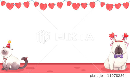 A chubby Siamese cat wearing a party hat and decorated with heart-shaped flags.., hand-drawn watercolor frame design A chubby Siamese cat wearing a party hat and decorated with heart-shaped flags.., hand-drawn watercolor frame design 119782864