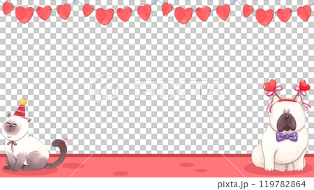 A chubby Siamese cat wearing a party hat and decorated with heart-shaped flags.., hand-drawn watercolor frame design A chubby Siamese cat wearing a party hat and decorated with heart-shaped flags.., hand-drawn watercolor frame design 119782864