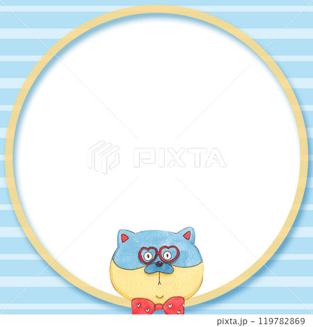 Blue dog with red glasses, striped background, blue, white,hand-drawn watercolor frame design Blue dog with red glasses, striped background, blue, white,hand-drawn watercolor frame design 119782869