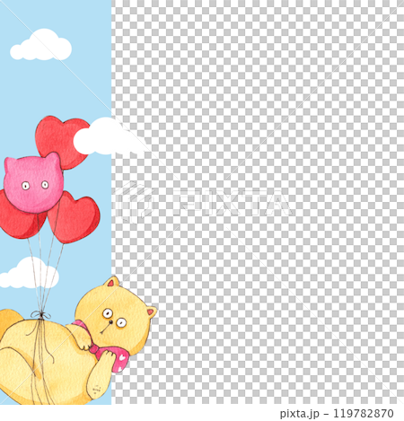 A fat yellow cat, tied to several balloons, floats in the sky.., hand-drawn watercolor frame design 119782870