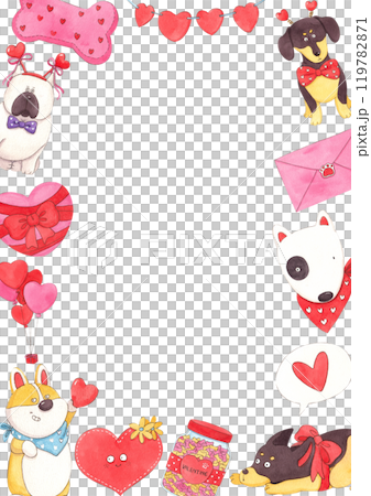 Hearts surrounding a white dog, a brown dog, a purple fat cat, balloons, hearts, an envelope., hand-drawn watercolor frame design Hearts surrounding a white dog, a brown dog, a purple fat cat, balloons, hearts, an envelope., hand-drawn watercolor frame design 119782871
