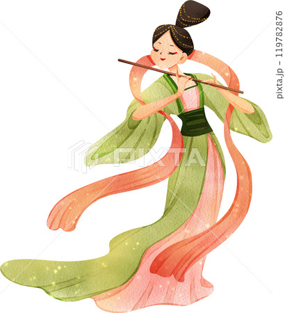 Chinses tender woman cartoon and decor watercolor hand drawn 119782876