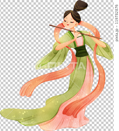 Chinses tender woman cartoon and decor watercolor hand drawn 119782876