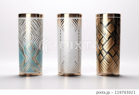 Mock up Realistic Metallic Tumbler Packaging with ethnic pattern on White Background. Food and Drink Concept Product Mock up Realistic Metallic Tumbler Packaging with ethnic pattern on White Background. Food and Drink Concept Product 119783021