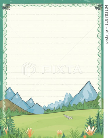 Sheet template for notebook, dinosaurs in the forest, Cartoon, notepad, diary. Lined paper. Cute character. Sheet template for notebook, dinosaurs in the forest, Cartoon, notepad, diary. Lined paper. Cute character. 119783104