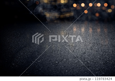 Surface of black concrete floor with colorful bokeh lights. Abstract texture with mist or fog 119783424