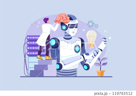 AI Technology Development. People carrying a giant brain to put it inside robot's head AI Technology Development. People carrying a giant brain to put it inside robot's head 119783512