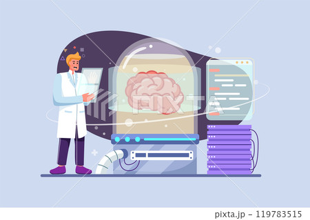 A man standing at the control panel and programming brains in glass pods connected into a network 119783515