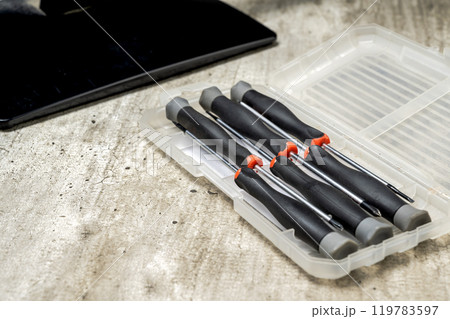 Closeup view of screwdriver set on the box for repairing electronic goods on the table 119783597