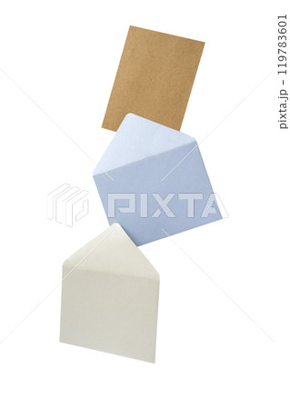 Set of envelope and postcard on white background. The envelopes are of different variation size and colors 119783601