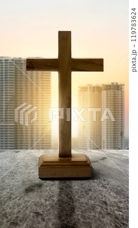 Religion christianity cross with sunlight background. Symbol of faith and worship in God Religion christianity cross with sunlight background. Symbol of faith and worship in God 119783624
