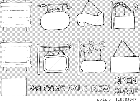 レトロな吊り看板の手描きペン画イラストセット。(白黒) レトロな吊り看板の手描きペン画イラストセット。(白黒) 119783647
