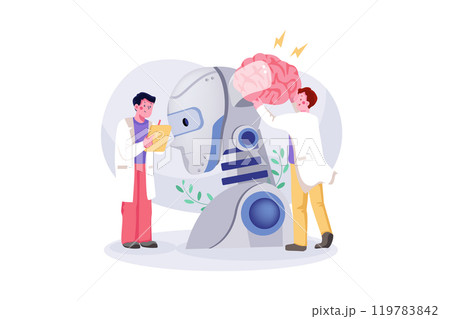 AI Technology Development. People carrying giant brain to put it inside robot's head 119783842