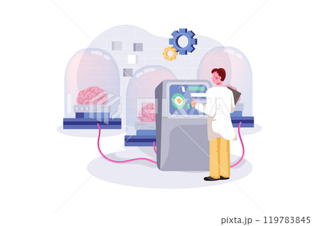 Neural Network. Man standing at control panel and programming brains in glass pods connected into network 119783845