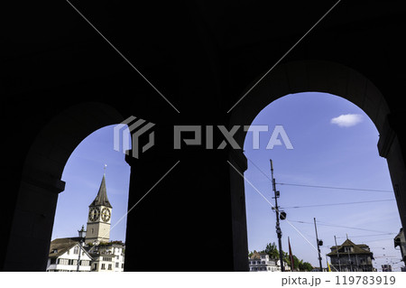 Scenic view of historic Zurich city center with famous Fraumunster and river Limmat at Lake Zurich,Switzerland 119783919