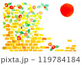 年賀状　太陽とツバキの咲くレンガ壁　　 119784184