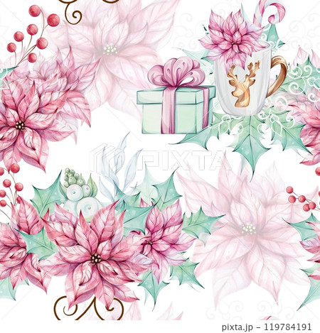 Watercolor Christmas seamless pattern - red Red poinsettia and holly green leaves, gift and mug. Romantic retro style. Winter festive decor. Hand drawn watercolor illustration on white background 119784191
