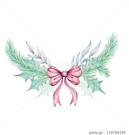 Watercolor Christmas arrangement - spruce branch with pink bow. Evergreen tree, fir, cedar. Winter green plants, holiday decoration 119784195