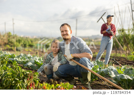 with his son in a cabbage garden with his son in a cabbage garden 119784354