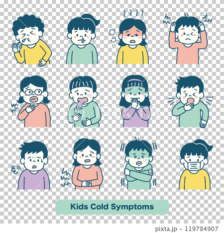 Simple illustration set of children with various cold symptoms 119784907