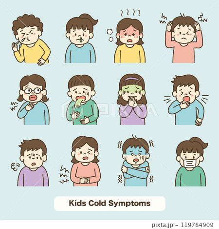 様々な風邪の症状がある子どものイラストセット 119784909
