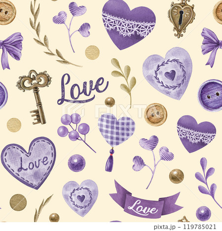 Valentines Day seamless pattern in tender colors. Hand drawn vintage style hearts, lavender flowers, romantic elements. Perfect for love-themed designs and gift packaging Valentines Day seamless pattern in tender colors. Hand drawn vintage style hearts, lavender flowers, romantic elements. Perfect for love-themed designs and gift packaging 119785021