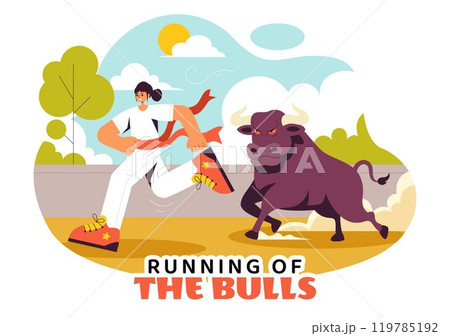 Running of the Bulls Vector Illustration featuring a Bullfighting Competition and Bulls Chasing in an Arena with a Flat Style Cartoon Background 119785192