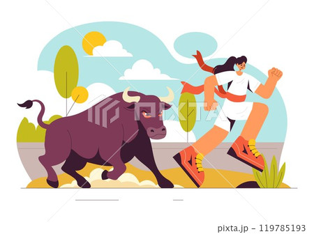 Running of the Bulls Vector Illustration featuring a Bullfighting Competition and Bulls Chasing in an Arena with a Flat Style Cartoon Background 119785193