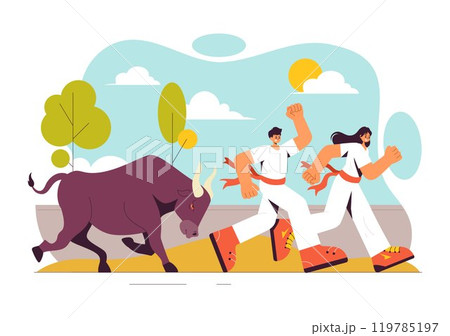 Running of the Bulls Vector Illustration featuring a Bullfighting Competition and Bulls Chasing in an Arena with a Flat Style Cartoon Background 119785197
