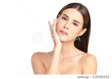 Beautiful young asian woman with clean fresh skin on white background, Face care, Facial treatment, Cosmetology, beauty and spa, Asian women portrait. 119785253