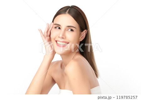 Beautiful young asian woman with clean fresh skin on white background, Face care, Facial treatment, Cosmetology, beauty and spa, Asian women portrait. 119785257