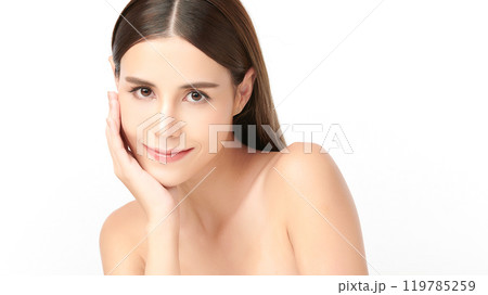 Beautiful young asian woman with clean fresh skin on white background, Face care, Facial treatment, Cosmetology, beauty and spa, Asian women portrait. Beautiful young asian woman with clean fresh skin on white background, Face care, Facial treatment, Cosmetology, beauty and spa, Asian women portrait. 119785259
