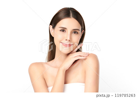 Beautiful young asian woman with clean fresh skin on white background, Face care, Facial treatment, Cosmetology, beauty and spa, Asian women portrait. Beautiful young asian woman with clean fresh skin on white background, Face care, Facial treatment, Cosmetology, beauty and spa, Asian women portrait. 119785263