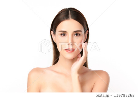 Beautiful young asian woman with clean fresh skin on white background, Face care, Facial treatment, Cosmetology, beauty and spa, Asian women portrait. Beautiful young asian woman with clean fresh skin on white background, Face care, Facial treatment, Cosmetology, beauty and spa, Asian women portrait. 119785268