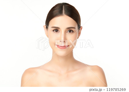 Beautiful young asian woman with clean fresh skin on white background, Face care, Facial treatment, Cosmetology, beauty and spa, Asian women portrait. Beautiful young asian woman with clean fresh skin on white background, Face care, Facial treatment, Cosmetology, beauty and spa, Asian women portrait. 119785269
