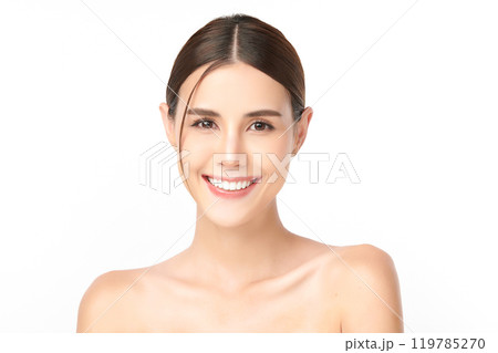 Beautiful smile young woman. White teeth on white background, 119785270
