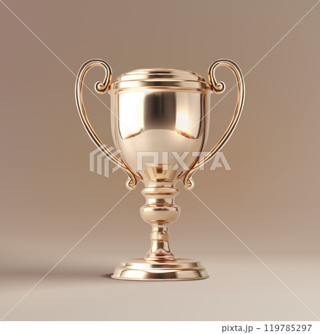 Golden trophy cup isolated on beige background. 3D illustration. 119785297