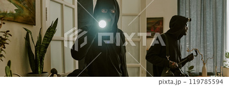Website banner of two crime partners with equipment in hands seeing living room 119785594