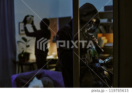 Two unrecognizable professional thieve in black clothes using flashlight to see room during break-in at late night Two unrecognizable professional thieve in black clothes using flashlight to see room during break-in at late night 119785615