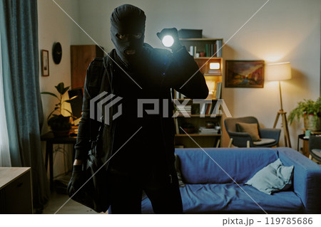 Unrecognizable thief in black balaclava holding flashlight which illuminating items in ample living room 119785686