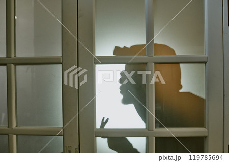 Medium close up of wooden door with matte glass and shadow of unrecognizable thief with crowbar behind it Medium close up of wooden door with matte glass and shadow of unrecognizable thief with crowbar behind it 119785694
