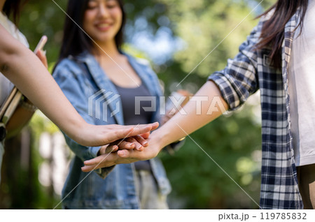 A close-up of college students putting their hands together while standing in their college park. 119785832