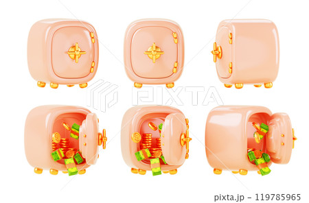 3d set of bank safe box isolated cartoon render icon. Closed and open deposit vault full of gold coin stacks and green dollars bill pack. Storage with money cash front and side view. 3D illustration 3d set of bank safe box isolated cartoon render icon. Closed and open deposit vault full of gold coin stacks and green dollars bill pack. Storage with money cash front and side view. 3D illustration 119785965