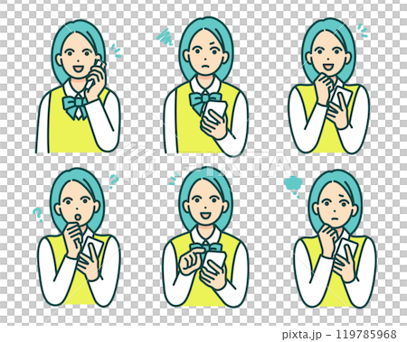 制服姿の学生。スマホを持つ女子高生のベクターイラストセット。 119785968