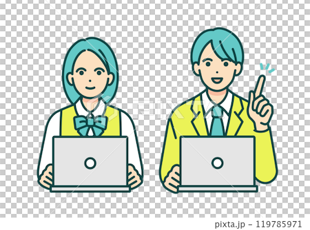 Students studying on a computer. Vector illustration set of men and women in uniforms. 119785971